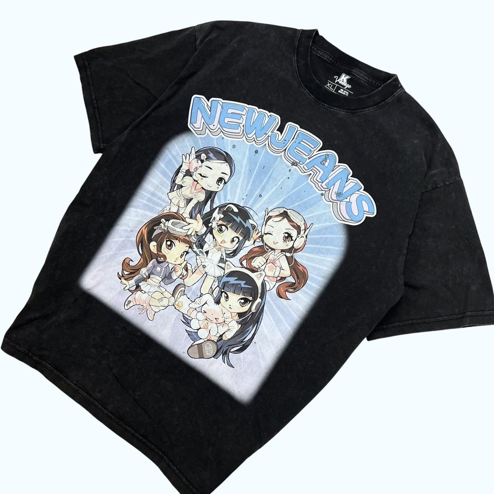 K-Vintage NewJeans KPop Graphic T-Shirt Men XL Oversized Washed Black Anime Tee
